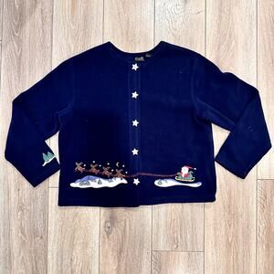 Navy Blue Cute Funny Christmas Crop Fleece Lightweight Kidcore Sweater Large